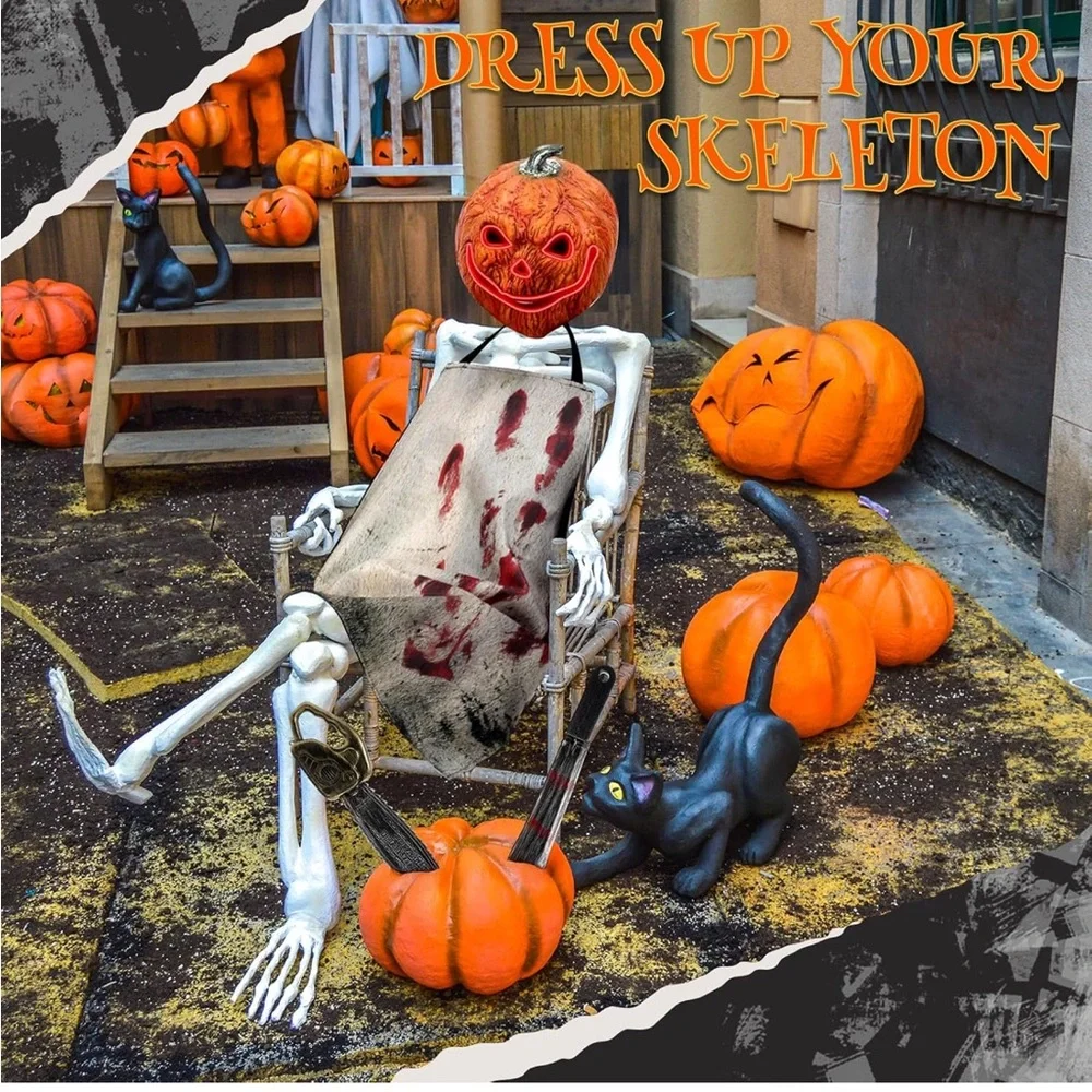 4 Pcs Halloween Bloody Butcher Costumes Set with Pumpkin Head Mask